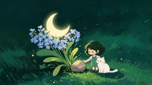 夜晚赏花的女孩