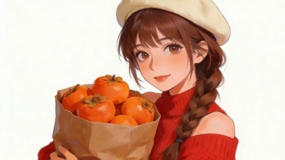 抱着柿子女孩