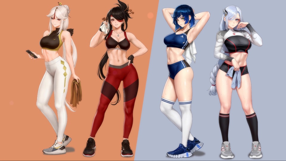 四款运动装动漫少女，橙蓝分色背景