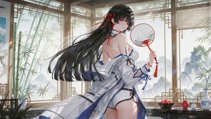 竹影窗前的执扇少女千咲