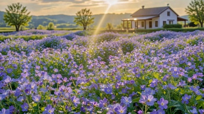 夕阳紫色花田乡野小屋