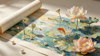 荷花锦鲤画轴