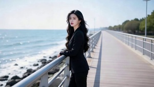 海边红树林岸堤职业装美女