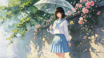 雨天墙角女孩