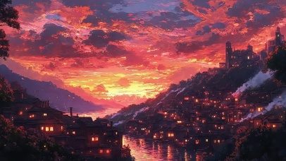 绚烂晚霞山林古城河流