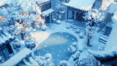 冰蓝冬日清新园林庭院