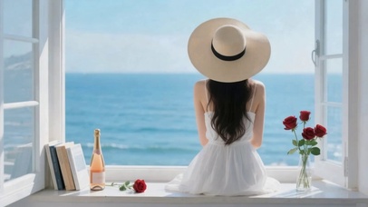 看海的女孩背影