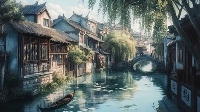 国风江南水乡朦胧风景