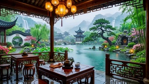 国风园林雨景