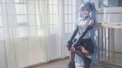 蓝色长发双马尾黑丝美少女