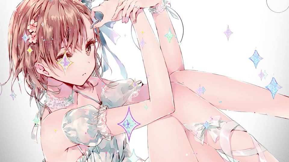 粉发二次元少女身着带蕾丝的浅蓝服饰，周身散落彩色星芒闪片