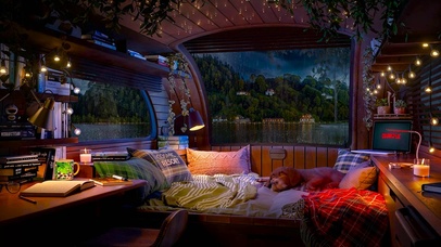 雨天湖边温馨小屋