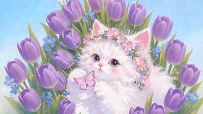 郁金香花丛小猫