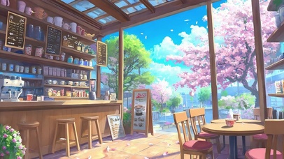 樱花树木窗外咖啡店