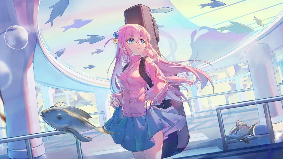 粉长发少女站在水族馆廊道，周边环绕游动的鱼类，柔粉彩蓝调。
