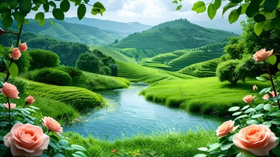 清新绿色溪流花草