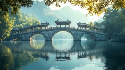 春日清新湖面石桥倒影