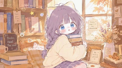 暖光书房猫耳萌少女