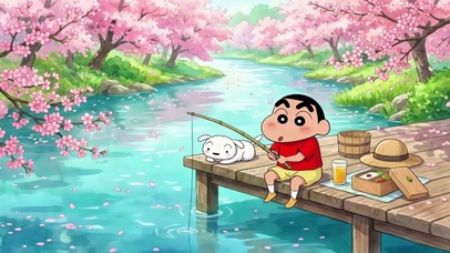 樱花溪畔钓鱼的小新与小白