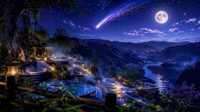流星满月山谷温泉夜景