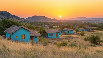 落日山坡特色蓝色小屋