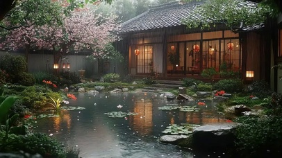 雨中唯美池塘庭院风景