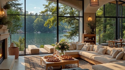 阳光客厅窗外湖