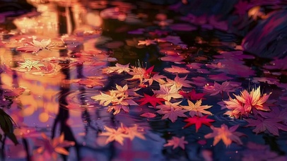 绚丽秋日唯美落叶水潭