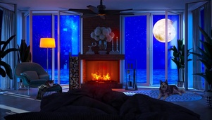 夜晚海景船舱房间