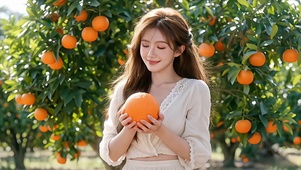果园采橙的甜美笑容美女