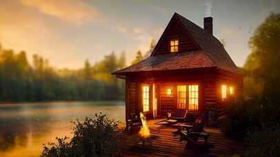 唯美傍晚湖边篝火木屋