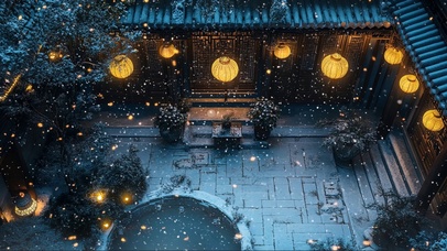 冬日唯美雪中庭院池塘