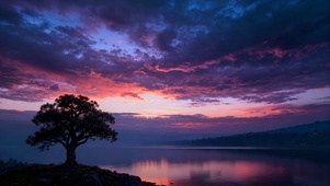 梦幻黄昏湖畔孤树风景