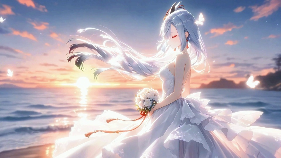 黄昏海边，身着露背白婚纱的白发少女手持白玫瑰花束侧身而立，橙粉色日落霞光铺洒在海面，身旁点缀发光蝴蝶，左侧留有开阔海面留白。