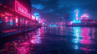 河畔霓虹建筑