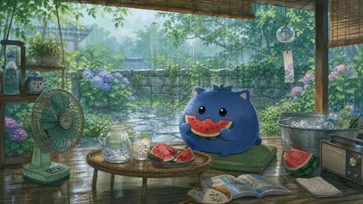 在凉亭下躲雨吃西瓜