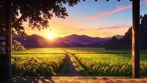 稻田晚霞日落 治愈系萤火虫