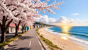 夕阳下樱花树木海景