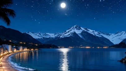 夜景海景树木房屋双屏