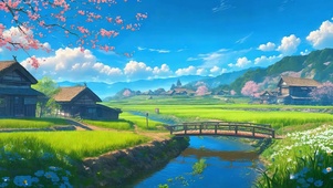 护眼白云树木房屋河流树木