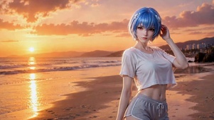夕阳海滩蓝发二次元美少女