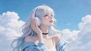 晴空下的银发耳机少女