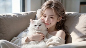和宠物猫贴贴的少女