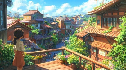 远眺古城街景动漫少女