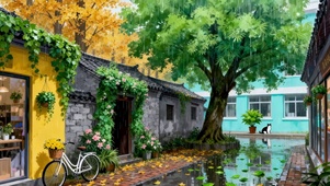 雨天的小镇风景