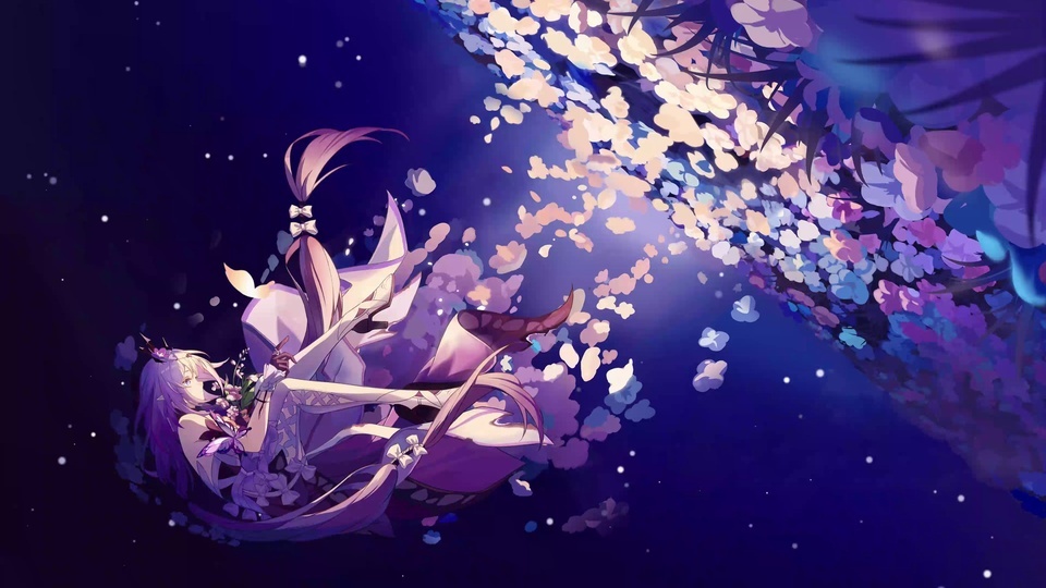 紫发少女斜靠在散落花瓣的深蓝紫夜幕下，暖光穿过柔色花簇