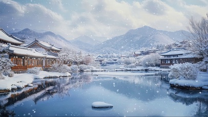 冬日静谧湖畔飘雪古镇