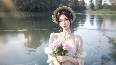 4KHD湖边鲜花美女