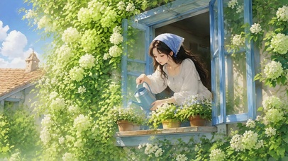 窗边浇花的夏日少女