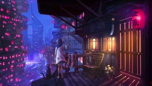 夜晚木屋阳台的少女